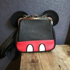 Disney Loungefly Mickey Mouse Ears Red Pants Crossbody Handbag Purse Kiss Lock
